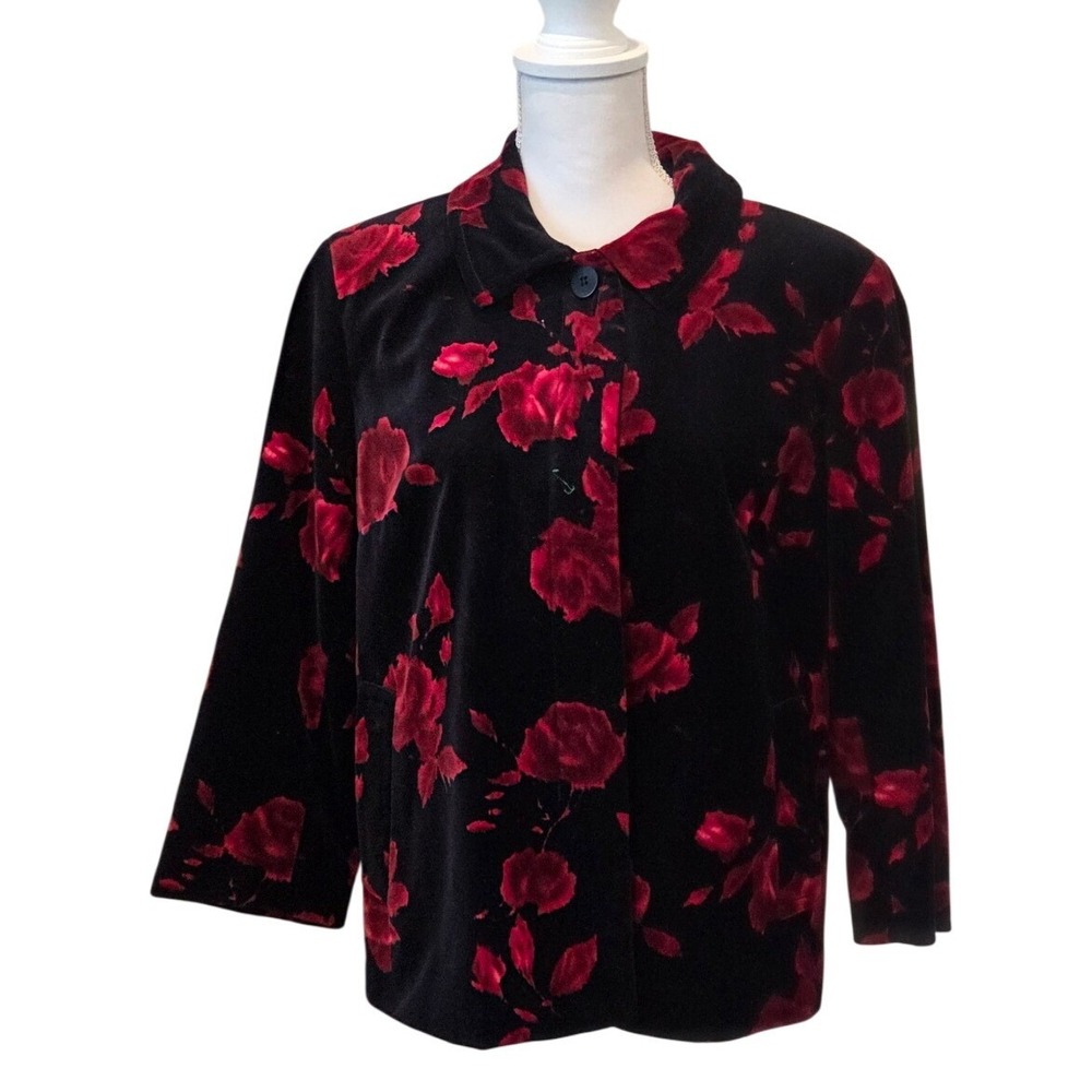 Talbots Rose Floral Velvet Jacket Button Front Black Red Romantic Goth 14